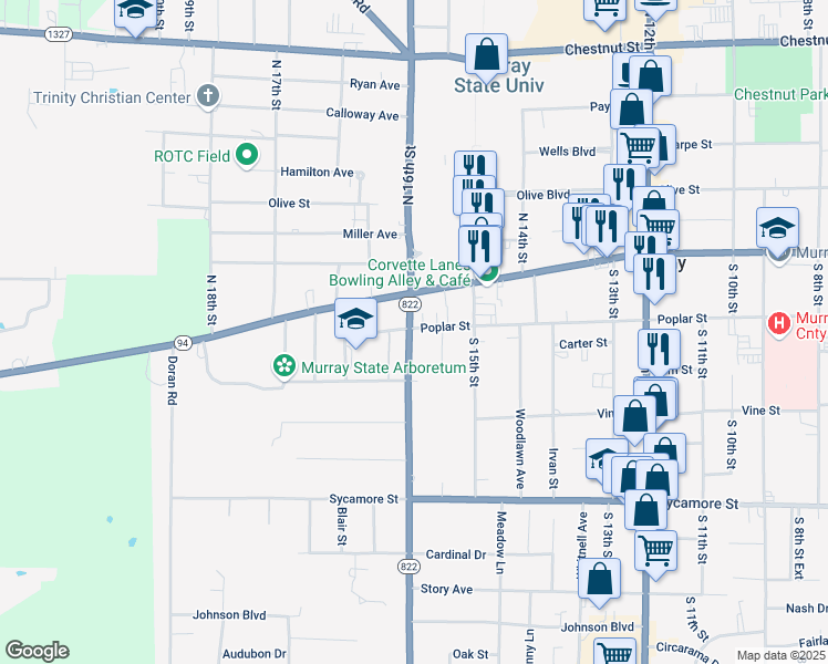 map of restaurants, bars, coffee shops, grocery stores, and more near 206 South 16th Street in Murray