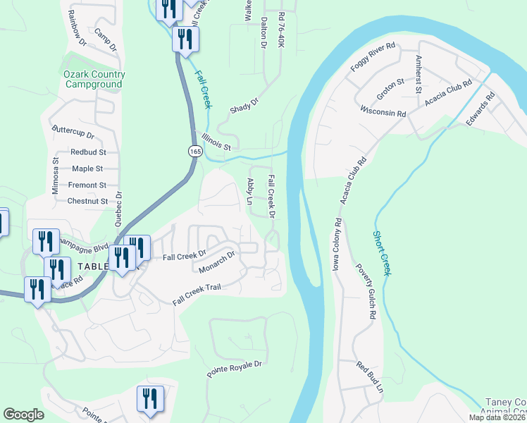 map of restaurants, bars, coffee shops, grocery stores, and more near 470 Abby Lane in Branson