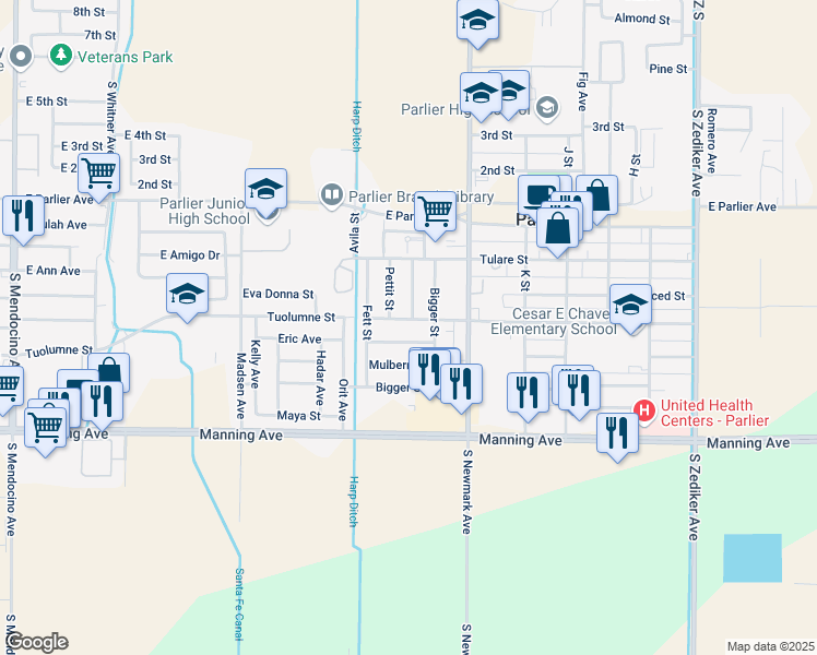 map of restaurants, bars, coffee shops, grocery stores, and more near 862 Stanislaus Street in Parlier