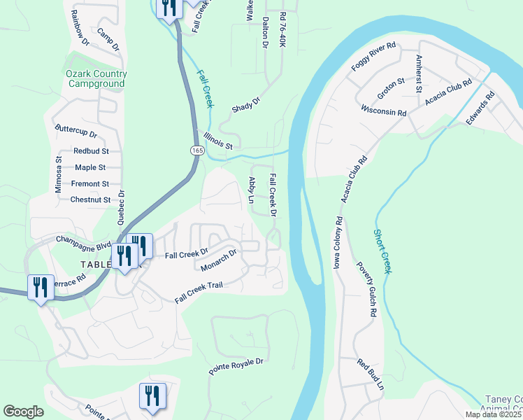 map of restaurants, bars, coffee shops, grocery stores, and more near 490 Abby Lane in Branson