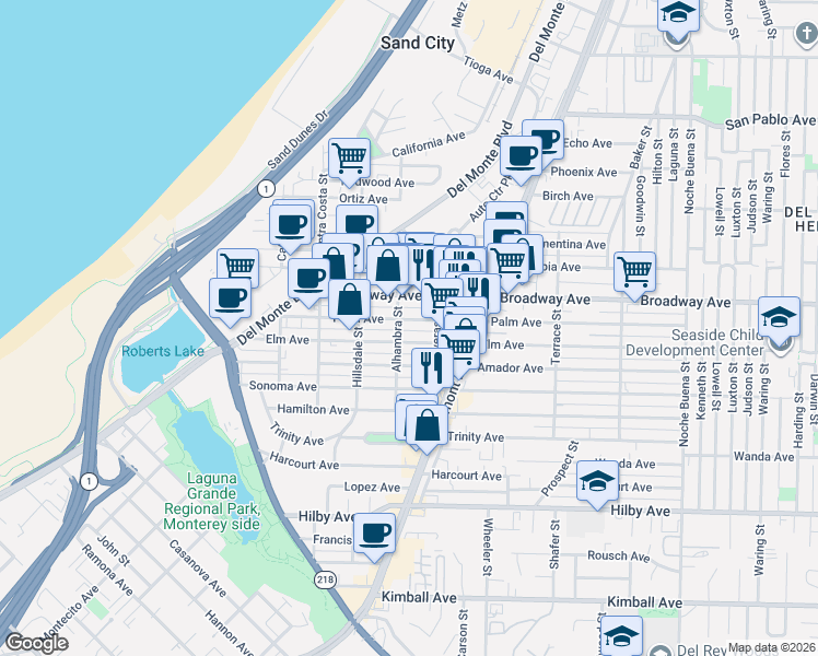 map of restaurants, bars, coffee shops, grocery stores, and more near 718 Palm Avenue in Seaside
