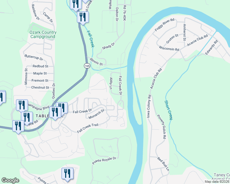 map of restaurants, bars, coffee shops, grocery stores, and more near 2 Woods Court in Branson