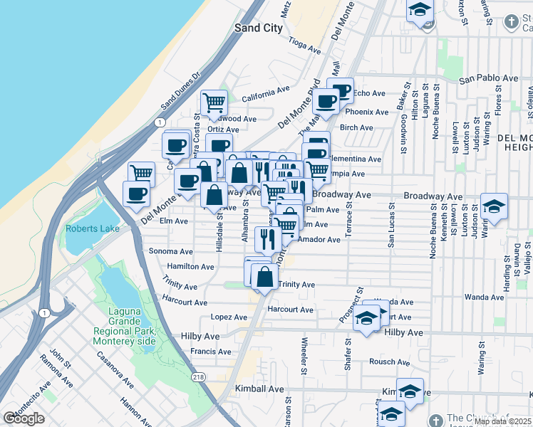 map of restaurants, bars, coffee shops, grocery stores, and more near 770 Elm Avenue in Seaside