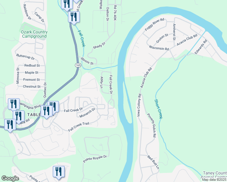 map of restaurants, bars, coffee shops, grocery stores, and more near Fall Creek Trail in Branson