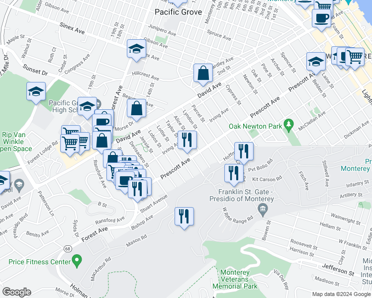 map of restaurants, bars, coffee shops, grocery stores, and more near 752 Taylor Street in Monterey