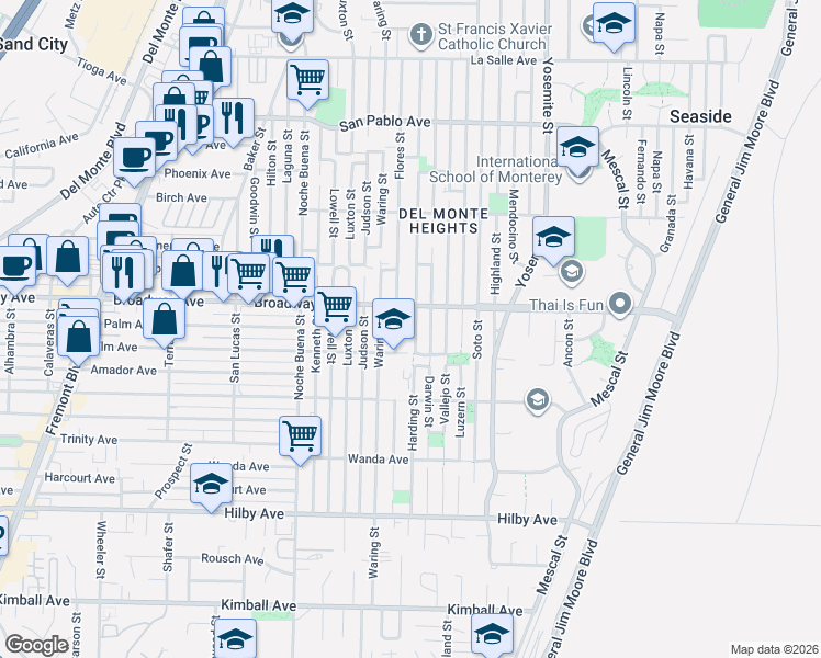 map of restaurants, bars, coffee shops, grocery stores, and more near 1489 Elm Avenue in Seaside