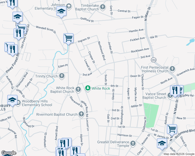 map of restaurants, bars, coffee shops, grocery stores, and more near 1703 South Street in Danville