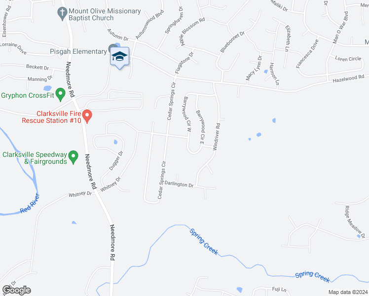 map of restaurants, bars, coffee shops, grocery stores, and more near 1599 Barrywood Circle West in Clarksville
