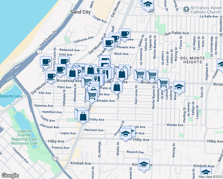 map of restaurants, bars, coffee shops, grocery stores, and more near 1056 Palm Avenue in Seaside
