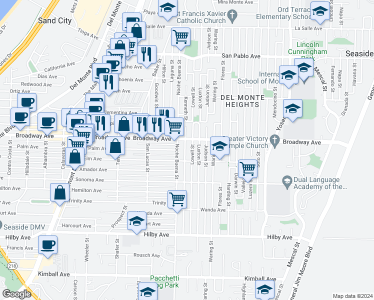 map of restaurants, bars, coffee shops, grocery stores, and more near 1562 Kenneth Street in Seaside