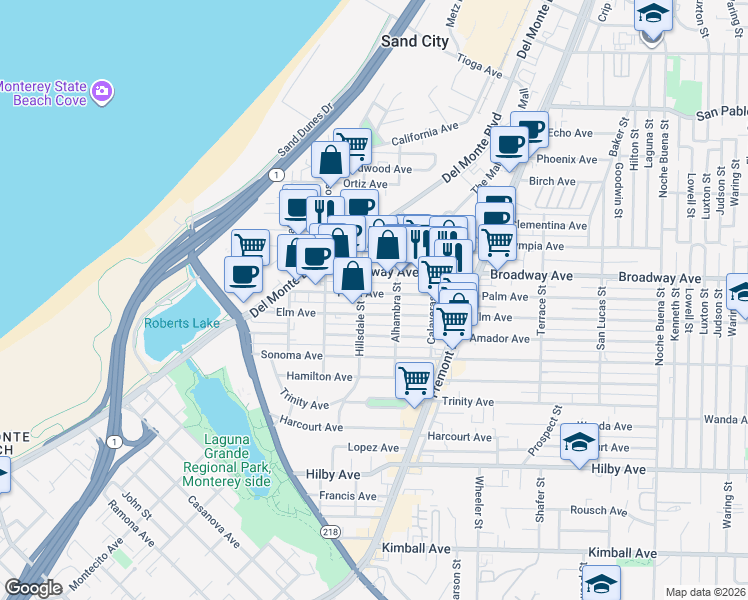 map of restaurants, bars, coffee shops, grocery stores, and more near 680 Broadway Avenue in Seaside