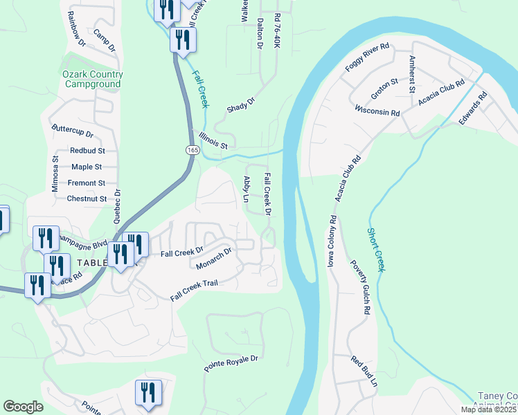 map of restaurants, bars, coffee shops, grocery stores, and more near 610 Abby Lane in Branson