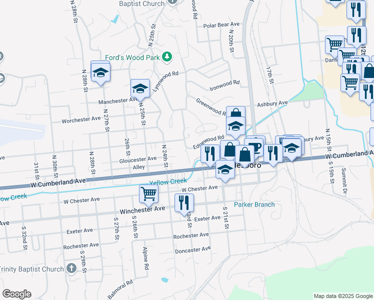 map of restaurants, bars, coffee shops, grocery stores, and more near 131 Edgewood Court in Middlesboro