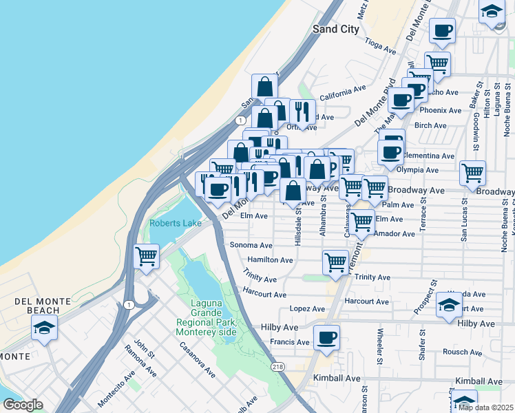 map of restaurants, bars, coffee shops, grocery stores, and more near 490 Broadway Avenue in Seaside