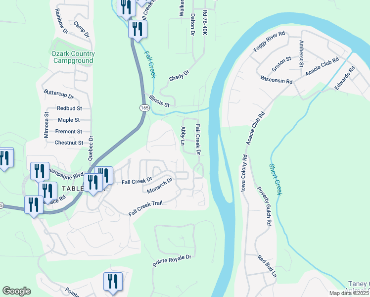 map of restaurants, bars, coffee shops, grocery stores, and more near 610 Abby Lane in Branson