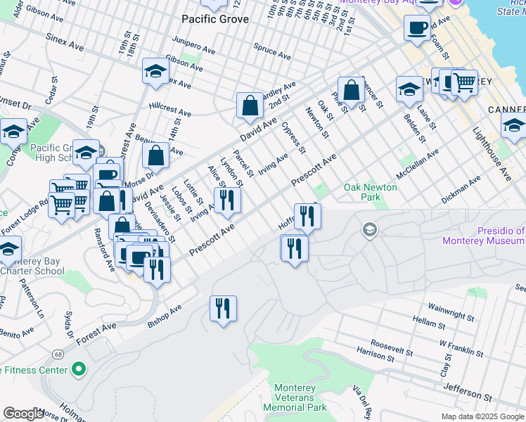 map of restaurants, bars, coffee shops, grocery stores, and more near 682 Lyndon Street in Monterey