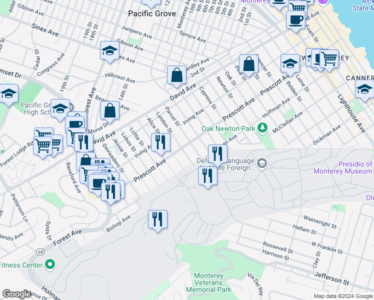 map of restaurants, bars, coffee shops, grocery stores, and more near 682 Lyndon Street in Monterey