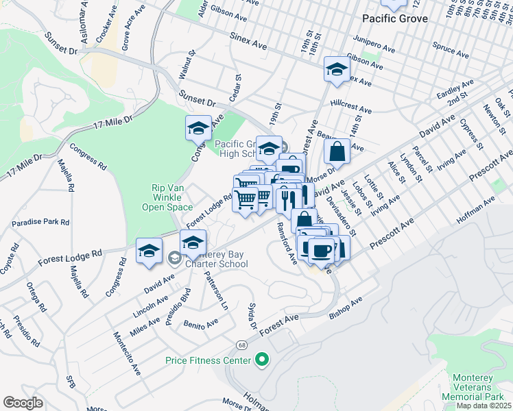 map of restaurants, bars, coffee shops, grocery stores, and more near 801 Forest Lodge Road in Pacific Grove
