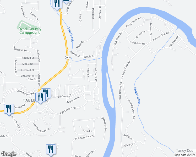 map of restaurants, bars, coffee shops, grocery stores, and more near 430 Fall Creek Drive in Branson