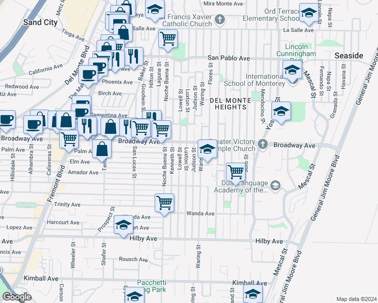 map of restaurants, bars, coffee shops, grocery stores, and more near 1570 Luxton Street in Seaside