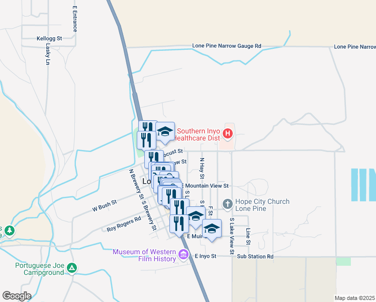 map of restaurants, bars, coffee shops, grocery stores, and more near 301 East Locust Street in Lone Pine