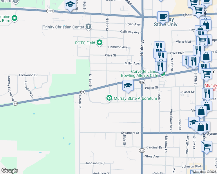 map of restaurants, bars, coffee shops, grocery stores, and more near 103 Hickory Drive in Murray
