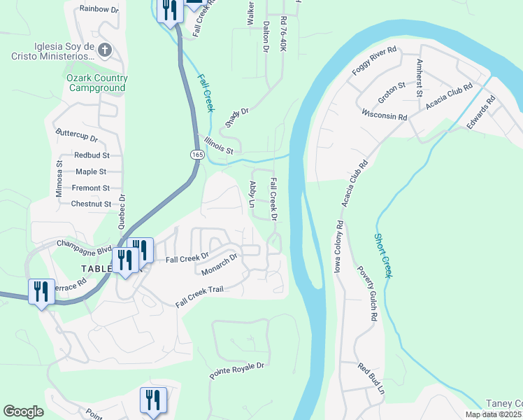 map of restaurants, bars, coffee shops, grocery stores, and more near 610 Abby Lane in Branson
