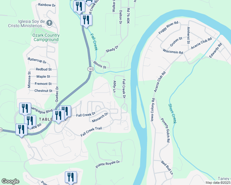 map of restaurants, bars, coffee shops, grocery stores, and more near 610 Abby Lane in Branson