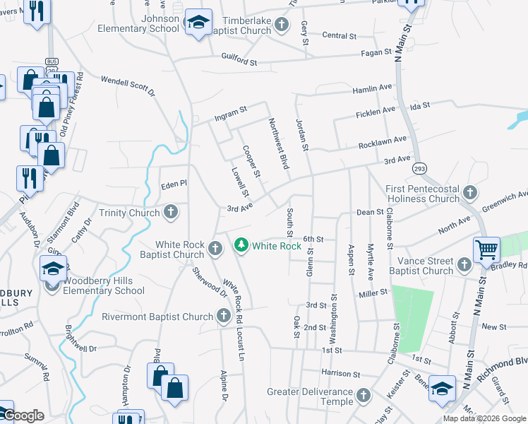 map of restaurants, bars, coffee shops, grocery stores, and more near 100 Lowell Street in Danville
