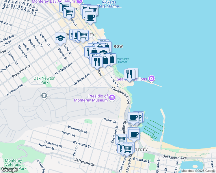 map of restaurants, bars, coffee shops, grocery stores, and more near 100 Lighthouse Avenue in Monterey