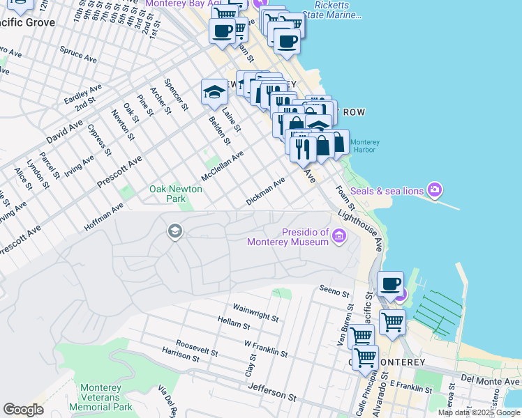 map of restaurants, bars, coffee shops, grocery stores, and more near in Monterey
