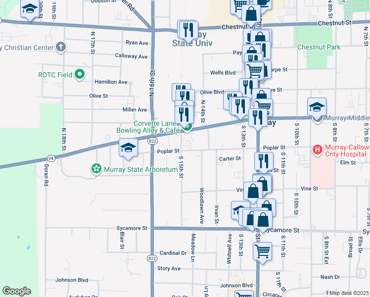 map of restaurants, bars, coffee shops, grocery stores, and more near 107 South 15th Street in Murray
