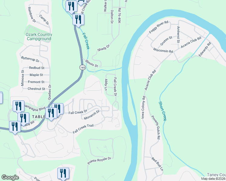 map of restaurants, bars, coffee shops, grocery stores, and more near 440 Fall Creek Drive in Branson