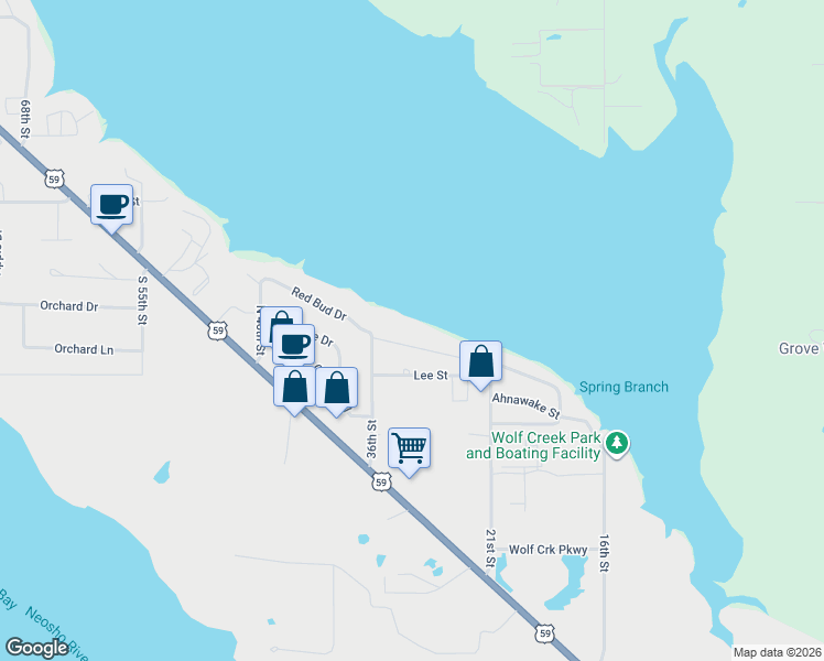 map of restaurants, bars, coffee shops, grocery stores, and more near 1117 Red Bud Drive in Grove
