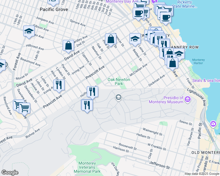 map of restaurants, bars, coffee shops, grocery stores, and more near 1113 McClellan Avenue in Monterey