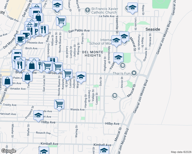 map of restaurants, bars, coffee shops, grocery stores, and more near 1595 Luzern Street in Seaside