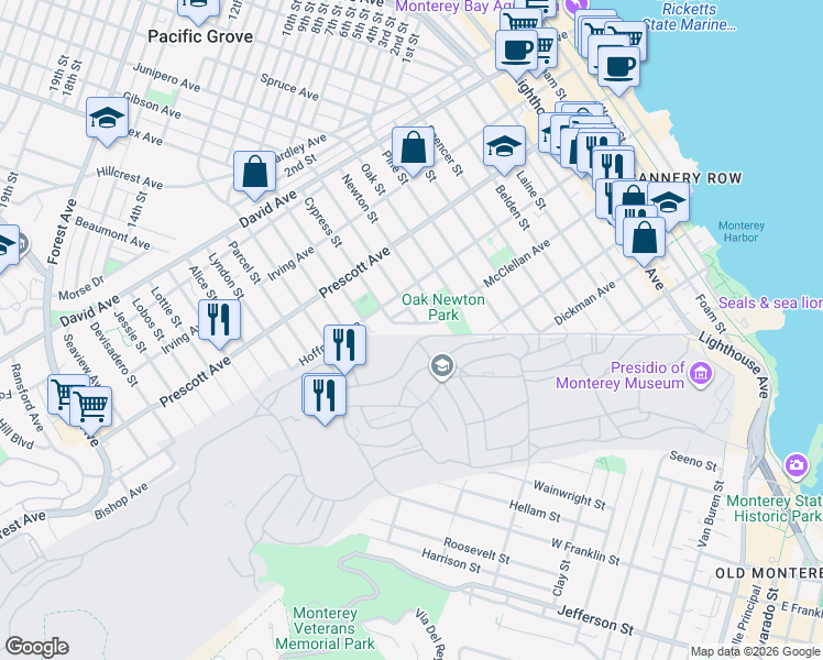 map of restaurants, bars, coffee shops, grocery stores, and more near 1113 McClellan Avenue in Monterey