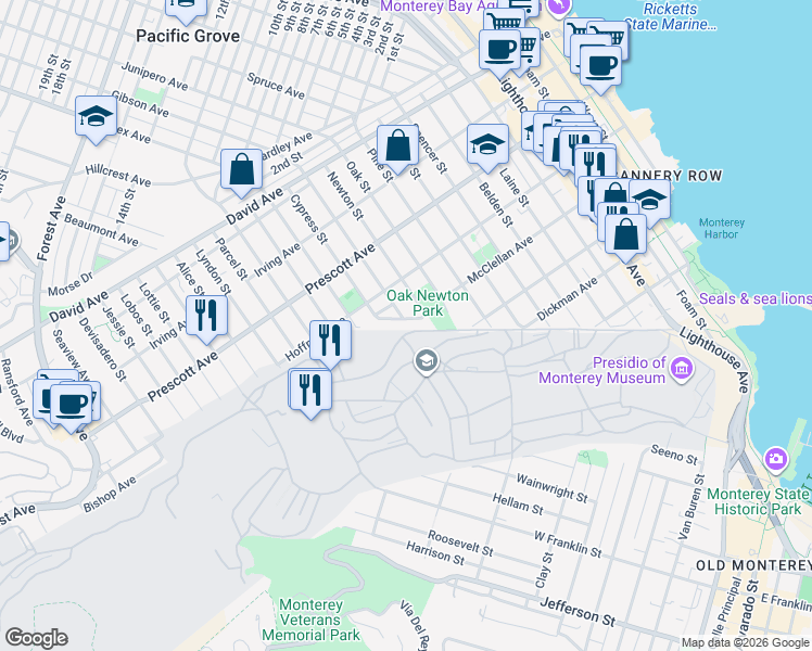 map of restaurants, bars, coffee shops, grocery stores, and more near 1109 McClellan Avenue in Monterey