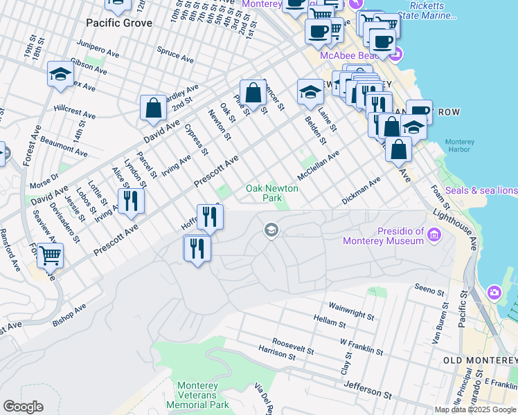 map of restaurants, bars, coffee shops, grocery stores, and more near 1109 McClellan Avenue in Monterey