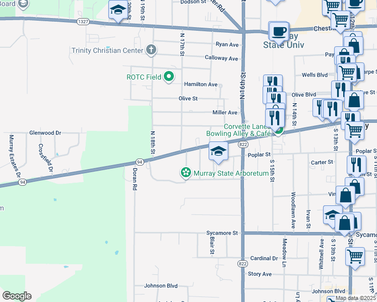 map of restaurants, bars, coffee shops, grocery stores, and more near 103 Hickory Drive in Murray