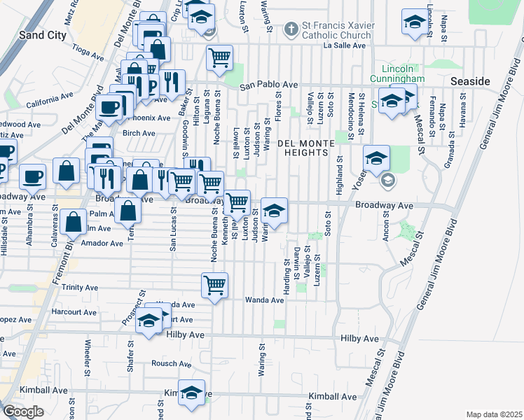 map of restaurants, bars, coffee shops, grocery stores, and more near 1600 Waring Street in Seaside
