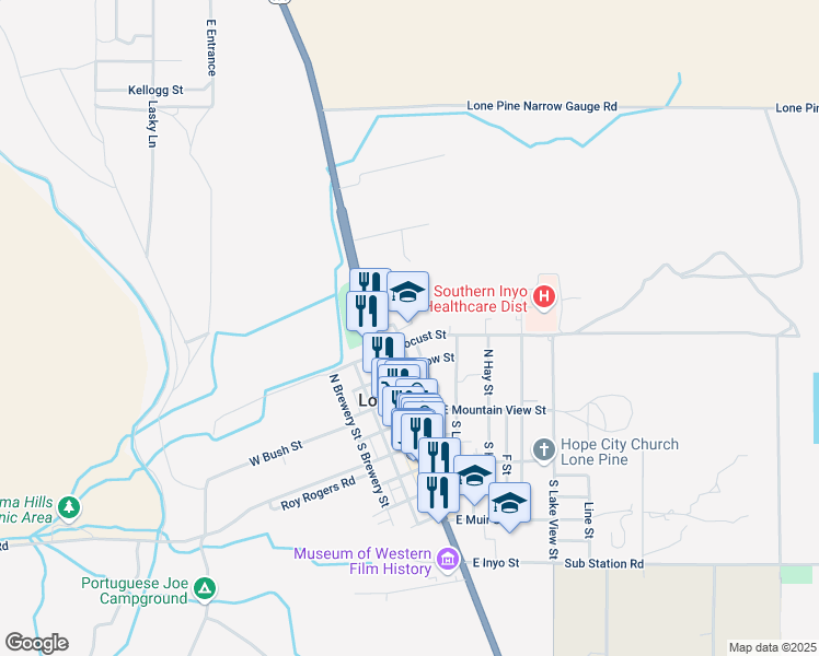 map of restaurants, bars, coffee shops, grocery stores, and more near 223 East Locust Street in Lone Pine