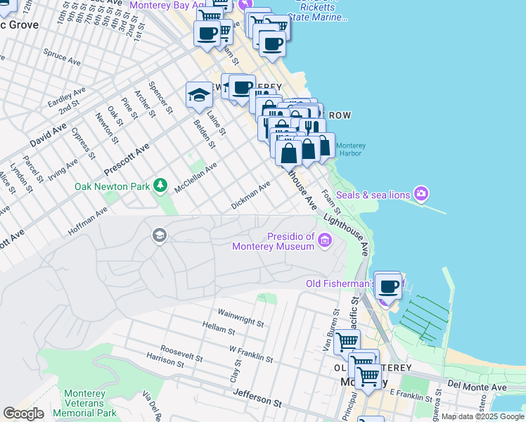 map of restaurants, bars, coffee shops, grocery stores, and more near 212 Belden Street in Monterey