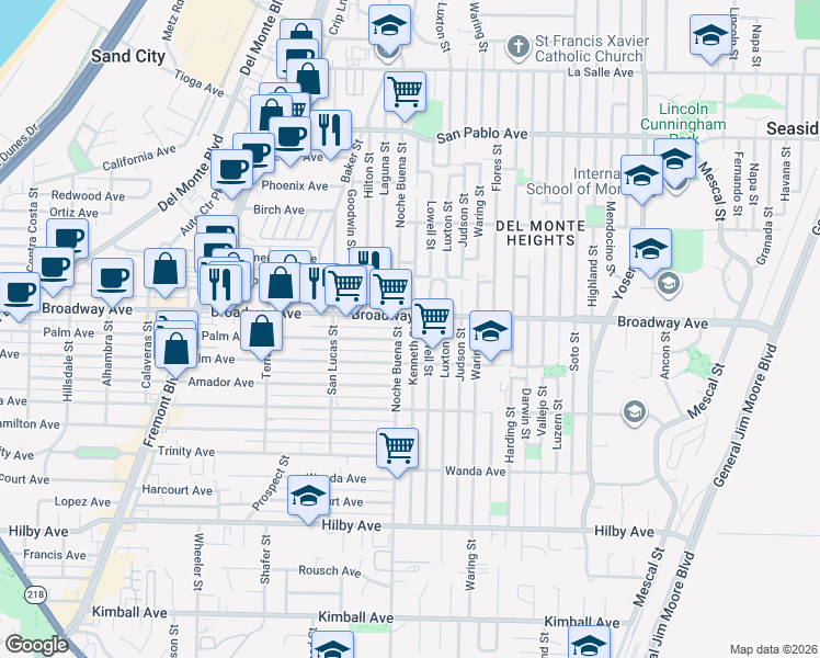 map of restaurants, bars, coffee shops, grocery stores, and more near 1589 Kenneth Street in Seaside