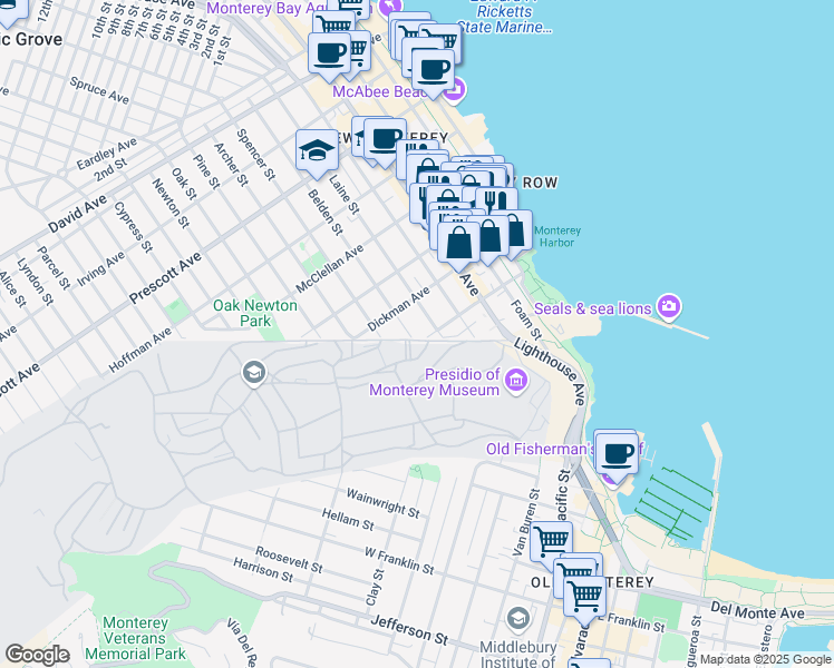 map of restaurants, bars, coffee shops, grocery stores, and more near 225 Laine Street in Monterey
