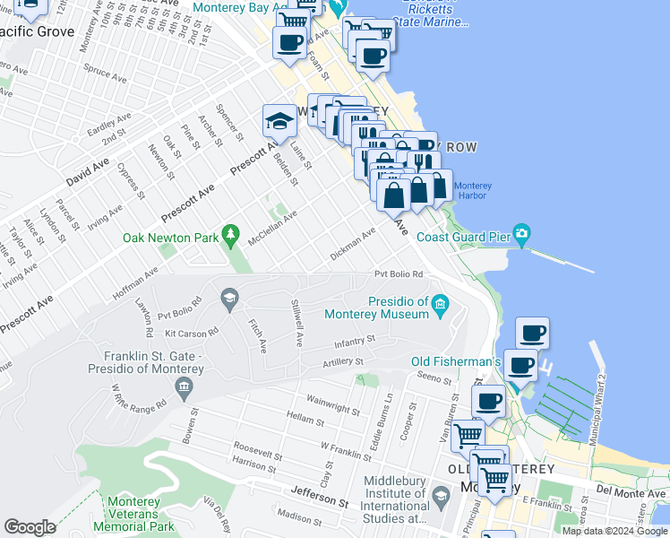 map of restaurants, bars, coffee shops, grocery stores, and more near in Monterey
