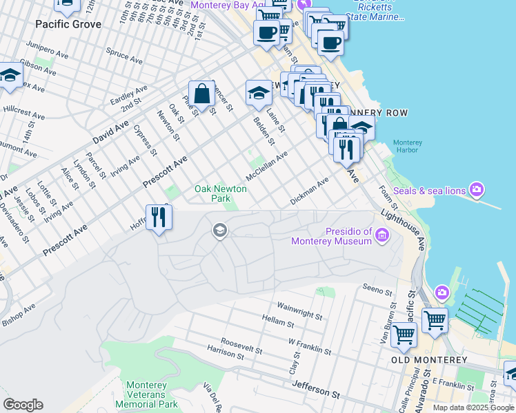 map of restaurants, bars, coffee shops, grocery stores, and more near 414 Pine Street in Monterey