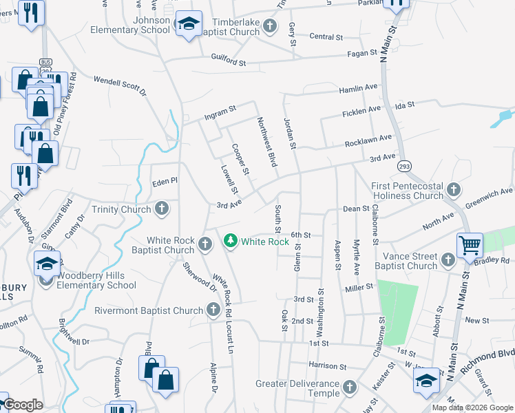 map of restaurants, bars, coffee shops, grocery stores, and more near 432 Rice Street in Danville