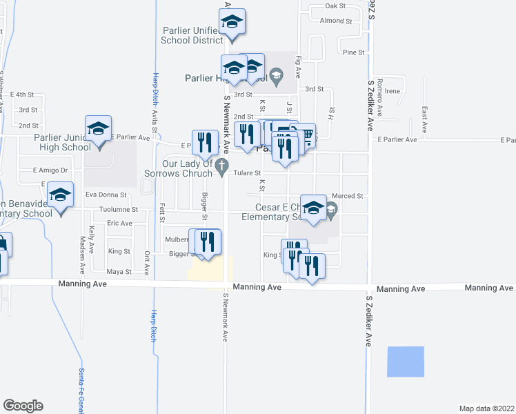 map of restaurants, bars, coffee shops, grocery stores, and more near 345 K Street in Parlier