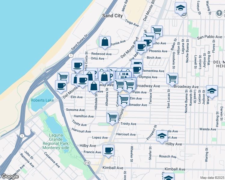 map of restaurants, bars, coffee shops, grocery stores, and more near 755 Palm Avenue in Seaside